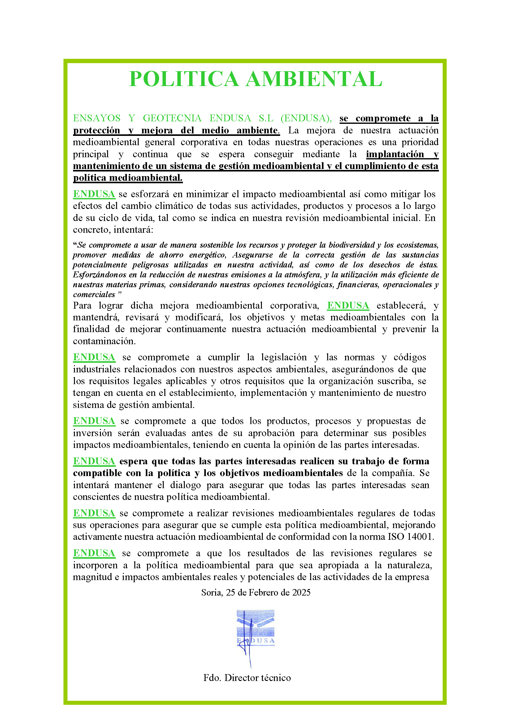 Certificado Política ambiental